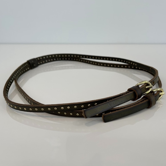 KHAKI STUDDED LEATHER DOUBLE BUCKLE BELT